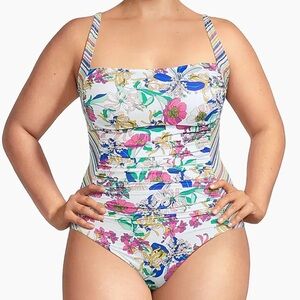 Johnny Was “Aldrich” ruched floral one-piece swimsuit, size 1X